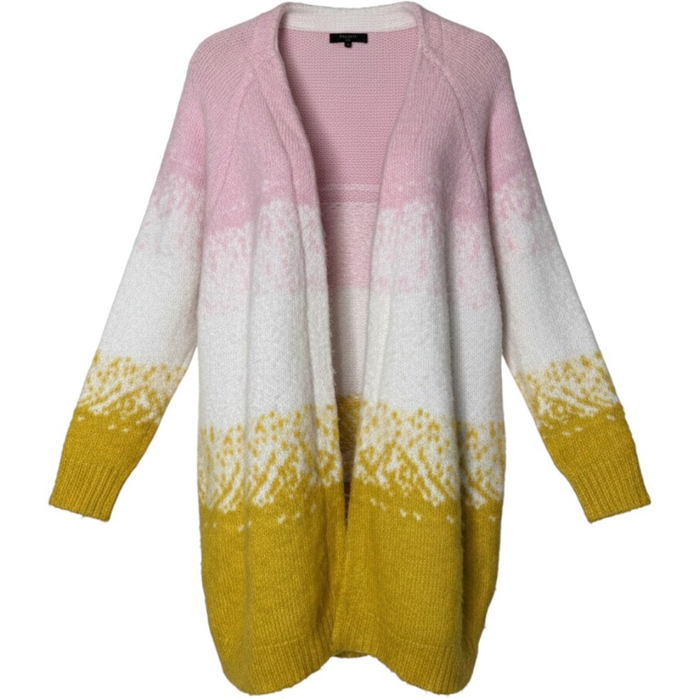 FRNCH Paris Pink White Mustard Yellow Colorblock Fuzzy Cardigan Sweater S/M